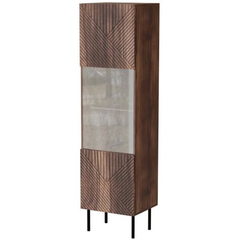 Vitrine Triulzi, Vitrine de salon avec porte vitrée et détail, finition géométrique, 50x40 h187 cm, noyer (1/4)