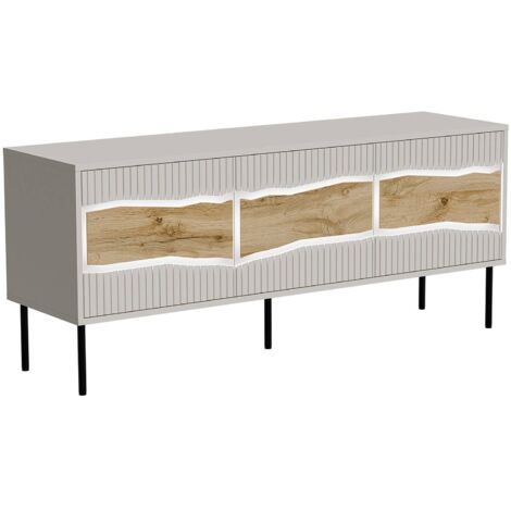 Meuble TV Novoli, buffet de salon avec portes battantes et compartiments intérieurs, avec lumières LED, surélevé du sol, 144x40 h62 cm, beige et nœuds de chêne (1/5)