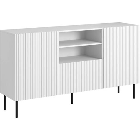 Buffet Malo, buffet de salon avec deux portes battantes, un tiroir et deux compartiments ouverts, design effet cannelé, 150 x 42 x 82 cm, blanc (1/4)