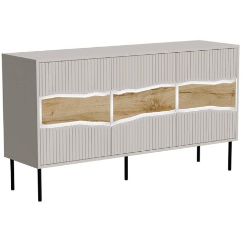 Buffet Saliceto, buffet de salon à trois portes battantes et compartiments intérieurs, surélevé du sol, 144x40 h80 cm, beige et nœuds en chêne (1/5)