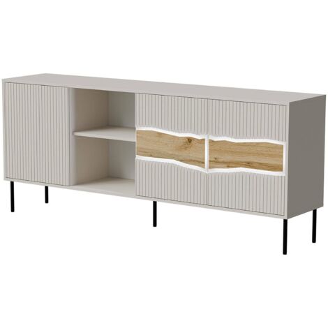 Buffet Mestrino, buffet de salon à trois portes battantes et deux compartiments ouverts, surélevé, 190 x 40 x 80 cm, beige et nœuds en chêne (1/5)