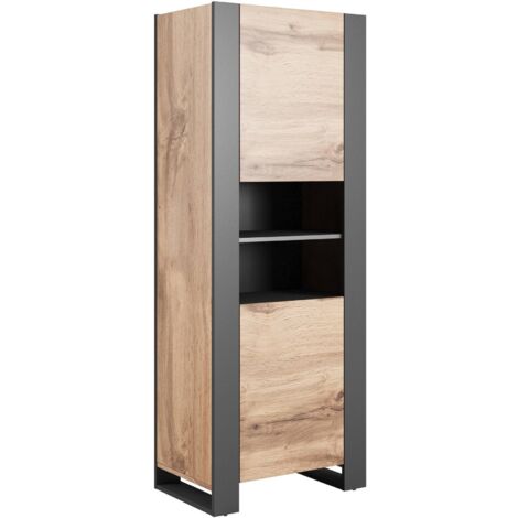 Vitrine Manerbio, Vitrine de salon à deux portes et compartiments ouverts, surélevée, 65x40 h171 cm, Chêne noueux et Anthracite (1/4)