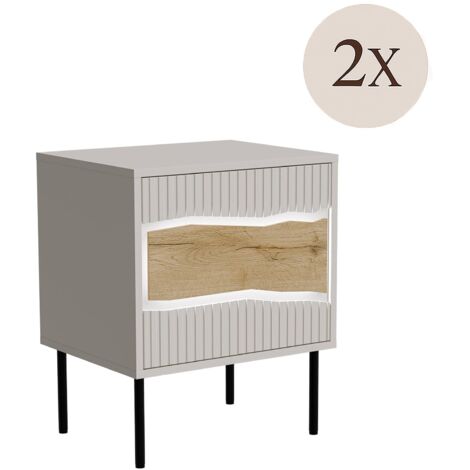 Lot de 2 tables de chevet Ussana, Commode basse avec porte battante et compartiment intérieur, Finition effet lisse, 50x40 h62 cm, Beige et Nœuds Chêne (1/5)