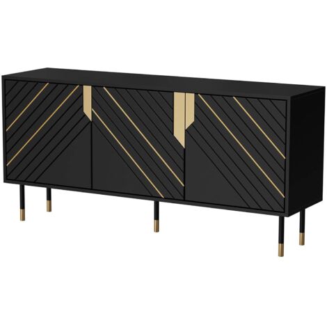 Buffet Cossogno, buffet de salon avec trois portes battantes et compartiments intérieurs, surélevé du sol, 154x40 h72 cm, noir et or (1/4)