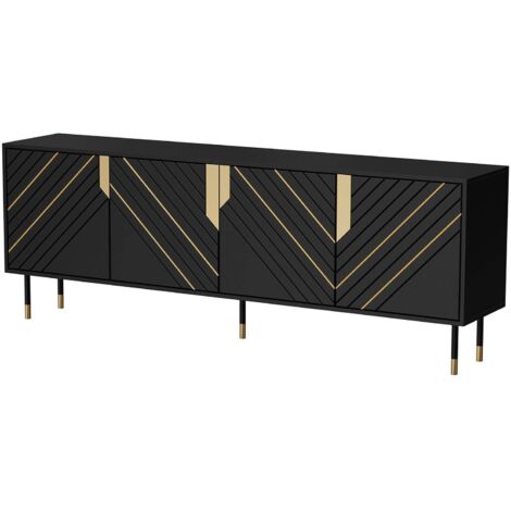 Buffet Landiona, buffet de salon avec quatre portes battantes et compartiments intérieurs, surélevé du sol, 204x40 h72 cm, noir et or (1/4)