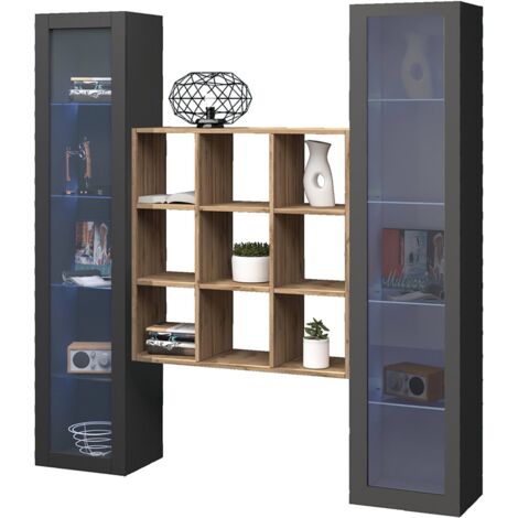Vitrine Heureuse, Meuble Exposant 14 Étagères, 19 Compartiments Fabriqué en Italie, 30x40x180h cm Noir Anthracite (1/5)