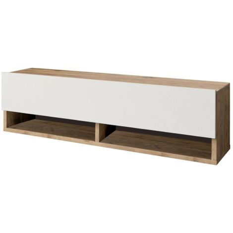 Dmora - Meuble TV Ananke, Buffet de salon, Armoire basse pour TV, Base murale de rangement, 100x32h29 cm, Chêne et Blanc, avec emballage renforcé (1/5)