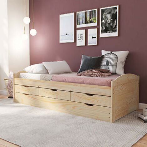 Lit simple 90 x 200 cm en pin massif vernis – Sommier inclus – Tiroir de rangement sur roulettes – Design chaleureux – Inter Link (1/10)