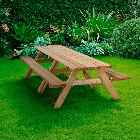 Cémonjardin – Table de pique-nique en bois 12 places – Traitement autoclave classe III – Dimensions 300x153x76 cm – Pour extérieur durable