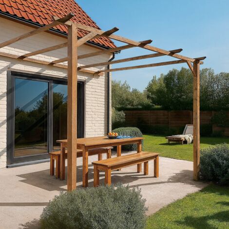 Cémonjardin – Pergola adossante en pin traité autoclave 300x300 cm – Épaisseur poteaux 9x9 cm – Montage rapide avec panneaux pré-percés