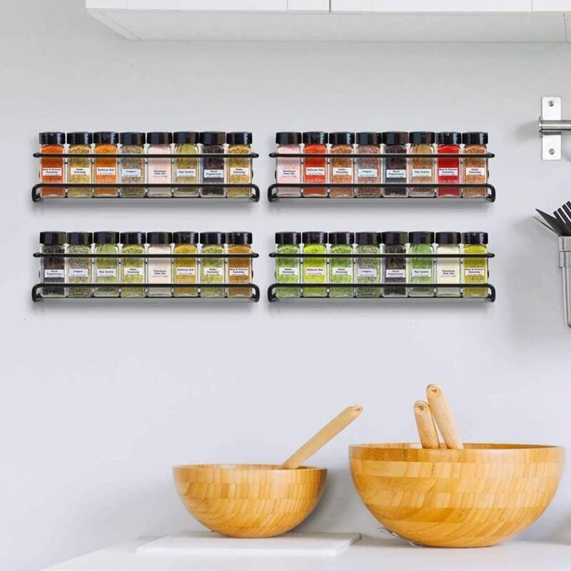 4 étagères à épices Murales Avec Crochets Autocollants Et Vis – Noir, Métal, 29 X 6 X 6 Cm, Rangement Pratique Pour Pots D'épices