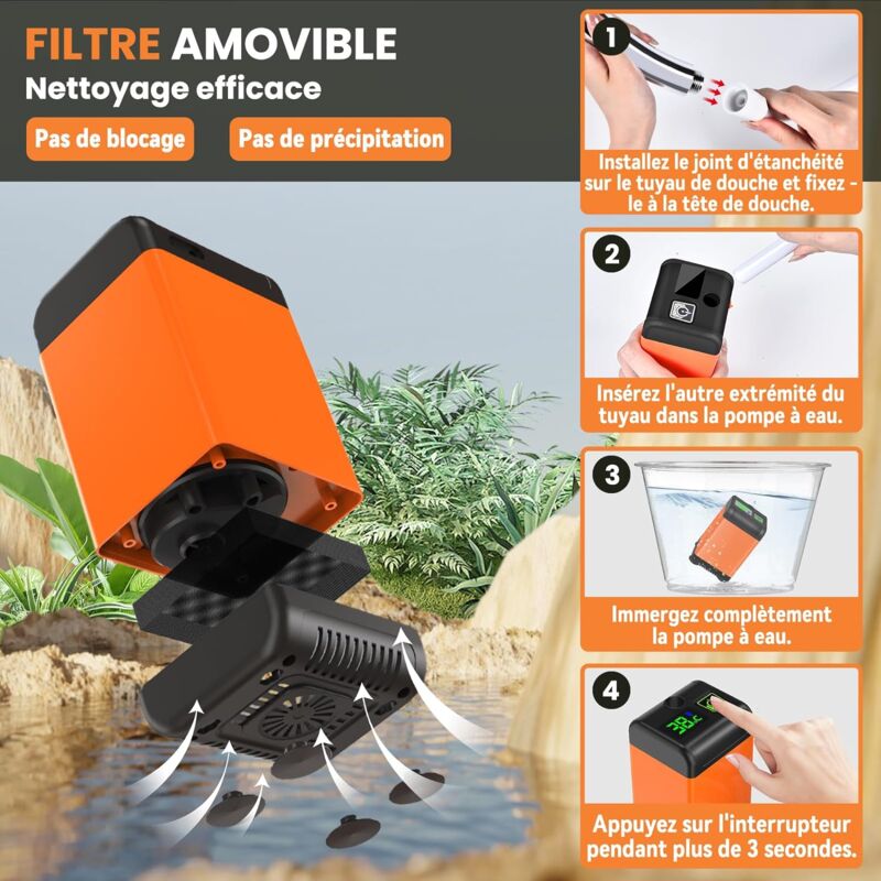 Douche Portable De Camping 6000 MAh - Imperméable IPX8 - 3 Vitesses - Affichage Température - Pour Randonnée, Jardin, Animaux
