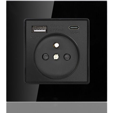 Panneau de prises françaises Type-c+USB16A Type 86, nombre de prises : 2 trous, nombre de ports USB : 1, nombre de ports type-c : 1, sûr et ferme(style verre, noir)