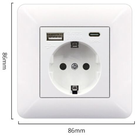 Panneau de prises françaises Type-c+USB16A Type 86, nombre de prises : 2 trous, nombre de ports USB : 1, nombre de ports type-c : 1, sûr et ferme(style verre, noir)
