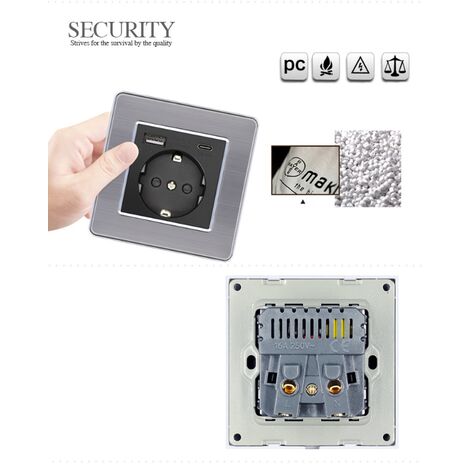Panneau de prises françaises Type-c+USB16A Type 86, nombre de prises : 2 trous, nombre de ports USB : 1, nombre de ports type-c : 1, sûr et ferme(style verre, noir)