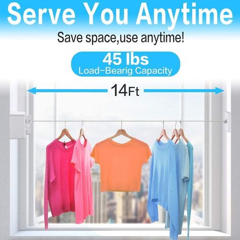 T-Corde à linge rétractable pour intérieur et extérieur, 2 fils à linge de 13.8Feet en acier inoxydable, Pas besoin de percer des trous fixation murale - White