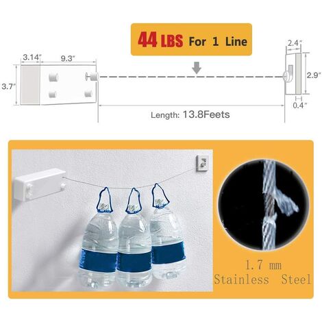 T-Corde à linge rétractable pour intérieur et extérieur, 2 fils à linge de 13.8Feet en acier inoxydable, Pas besoin de percer des trous fixation murale - White