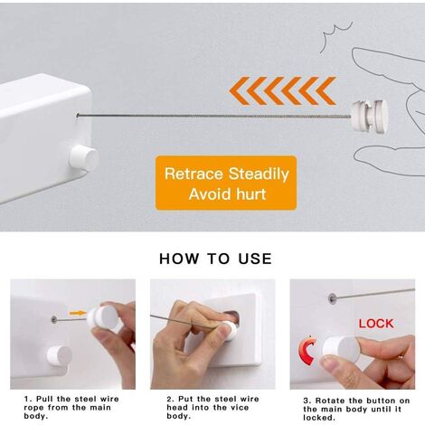 T-Corde à linge rétractable pour intérieur et extérieur, 2 fils à linge de 13.8Feet en acier inoxydable, Pas besoin de percer des trous fixation murale - White