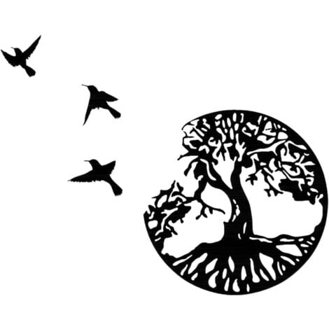 Art Mural en Métal Arbre De Vie avec Oiseaux Déco Noir - 28CM/11.02in Décoration Murale Arbre De Vie Deco Metal Murale Moderne Signe De ​Famille Arbre en Métal Décoration D'intérieur