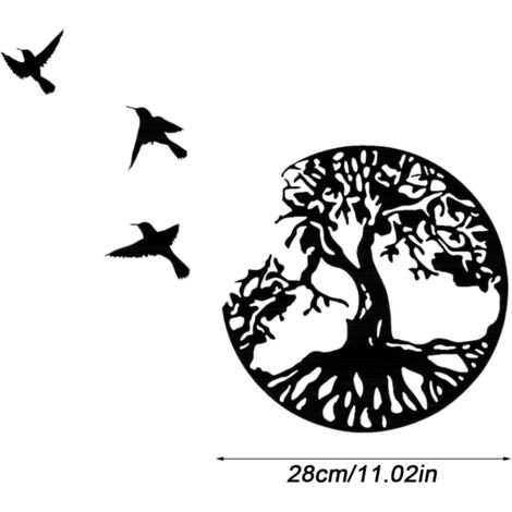 Art Mural en Métal Arbre De Vie avec Oiseaux Déco Noir - 28CM/11.02in Décoration Murale Arbre De Vie Deco Metal Murale Moderne Signe De ​Famille Arbre en Métal Décoration D'intérieur