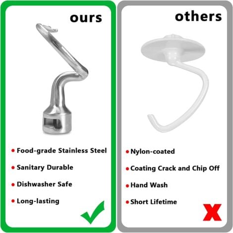 Crochet pétrisseur pour batteur Kitchenaid - Crochet à pain - Crochet à pâte K45DH - En acier inoxydable - Durabilité - Non revêtu - Facile à nettoyer