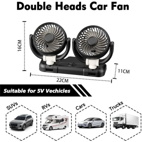 Ventilateur De Voiture USB Double Tête 360° - 5V/12V/24V Avec 2 Vitesses Pour Auto, Camion, SUV