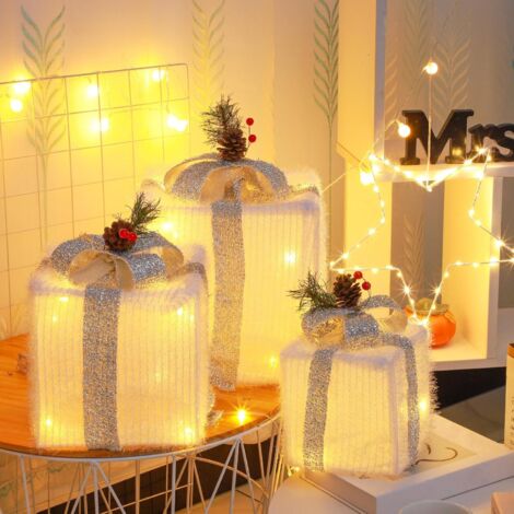 Lot De 3 Boîtes Cadeaux Lumineuses LED Pour Noël - Tailles 20, 15 Et 12 Cm Avec Nœuds Dorés - Décoration Festive Pour Sapin, Cheminée, Mariage - 10