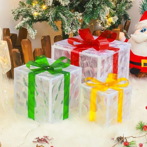 Elktry Set de 3 Boîtes Cadeaux LED, Décoration de Noël avec Lumières Blanches Chaudes à L'extérieur et à L'intérieur, Boîte Cadeau avec Texture Poilue pour Noël