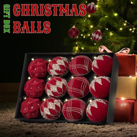 Ensemble de 12 décorations de Noël, boules en velours floqué avec