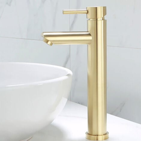 Robinet de lavabo à levier unique, robinet de lavabo au design créatif moderne, robinet monotrou brillant, or brossé, laiton massif (2 tuyaux inclus) - RW