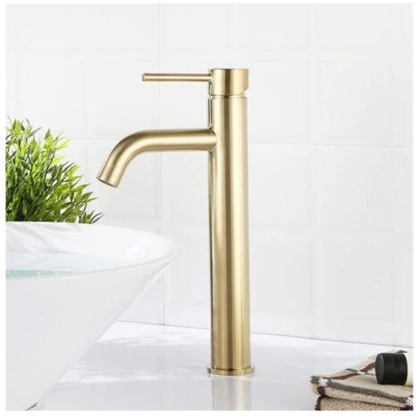 Robinet de lavabo à levier unique, robinet de lavabo au design créatif moderne, robinet monotrou brillant, or brossé, laiton massif (2 tuyaux inclus) - RW