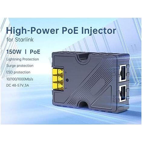 Injecteur PoE Passif Gigabit 150W - Pour Starlink, Satellite Internet - 48-57V, 3A, 10/100/1000 Mbps