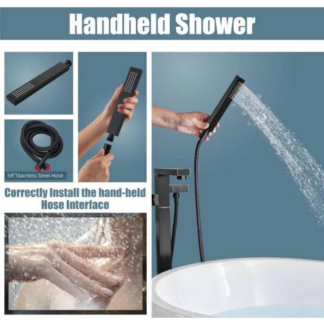 Noir Mitigeur sur pied Robinet de bain Douchette à main, Laiton chromé
