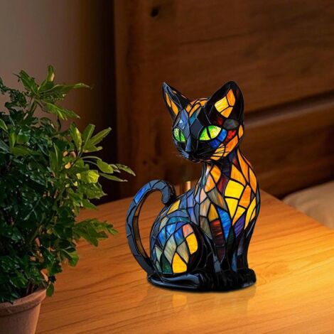 Veilleuse LED Chat En Résine Teintée - Lampe Décorative Colorée Pour Chambre, Salon - 17x10x10 Cm