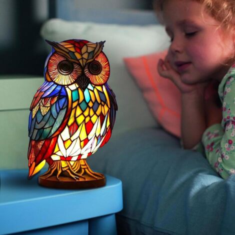 Lampe De Table Animale Colorée En Résine - Style Vitrail Vintage 10x10x15cm - Veilleuse Bohème Pour Salon Ou Chambre