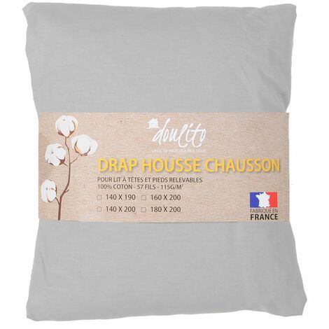 Drap housse 140x190 cm lit electrique Doulito - Made in France - Coton - Gris (1/3)