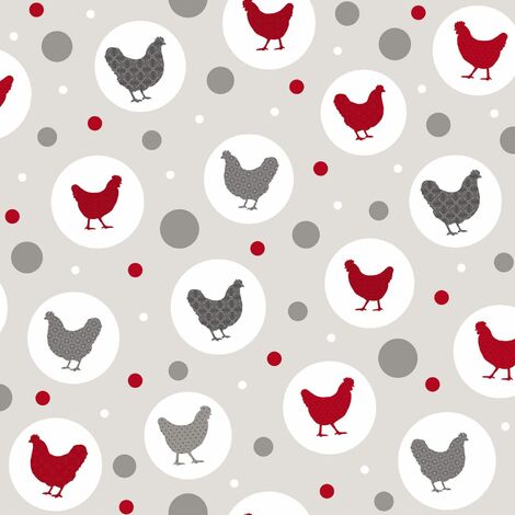 Toile cirée au mètre - Largeur 140 cm - Poules et ronds - Gris