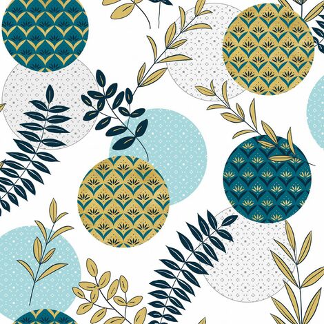 Toile cirée au mètre cristal - Largeur 140 cm - Motifs graphiques, ronds et feuilles - Bleu