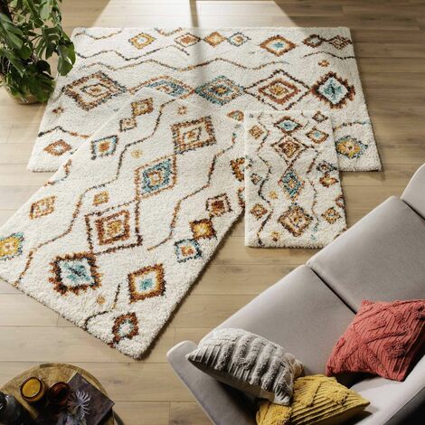 Tapis shaggy 120x170 cm - Losanges colorés sur fond écru