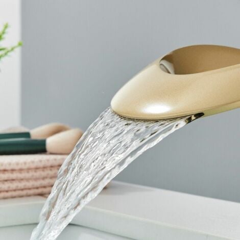 Rubinetto per bagno a cascata dorato in ottone, rubinetto per lavabo a cascata, miscelatore per bagno ad arco alto con valvola in ceramica monocomando calda e fredda regolabile, rubinetto per lavabo a