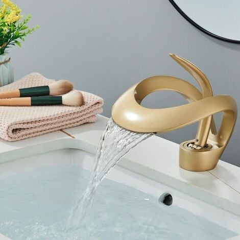 Rubinetto per bagno a cascata dorato in ottone, rubinetto per lavabo a cascata, miscelatore per bagno ad arco alto con valvola in ceramica monocomando calda e fredda regolabile, rubinetto per lavabo a