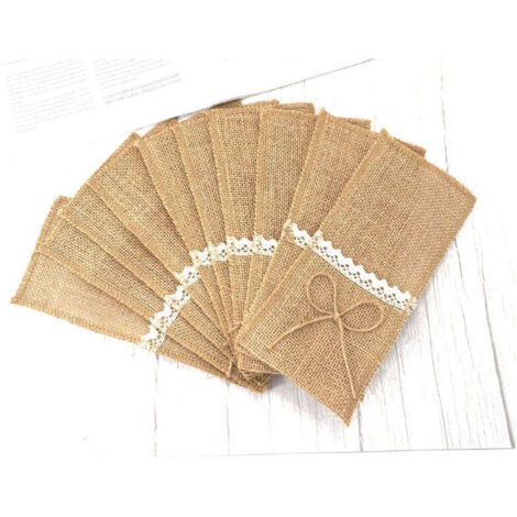 Set Di 8 Portaposate Natalizi In Iuta E Pizzo - Griglia Rossa - Decorazione Tavola Di Natale