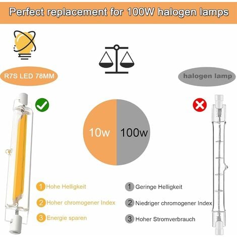 R7S LED Birne 118mm 10W Kaltweiß 6000K, 1000LM, R7S J118 Halogenlampe  Äquivalent 80W 100W, dimmbar, R7S 118mm Slim COB LED Glühbirne für  Wand-/Stehlampe, 2er Pack