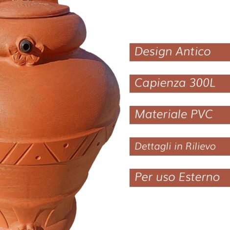 Serbatoio Acqua Elegante con Predisposizione Rubinetto 300 o 500 Litri, Cisterna Design Terracotta, Vaso Antico, Anfora, in Plastica Acqua Piovana 300 LT