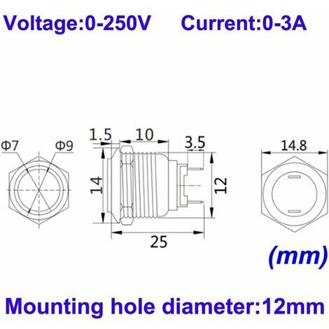 Bouton Poussoir Interrupteur 12 mm Rond - Momentané ou Permanent 12V 24V  230V 2A