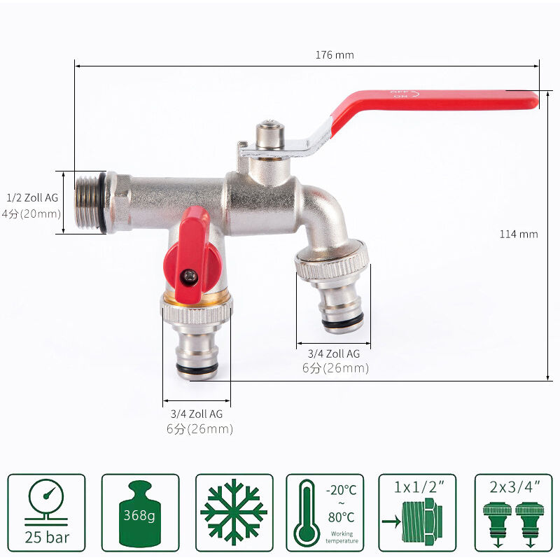 Doppelauslass-Gartenhahn Aus Messing - Mit 2 Schlauchanschlüssen, Rostbeständig, Für Sprinkler & Waschmaschine