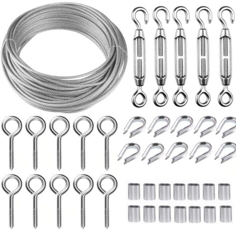 Edelstahl-Hängeseil-Set, 30 m/2 mm beschichtetes Edelstahlkabel mit M5-Spannern, 2 mm Drahtseil-Set für Kletterpflanzen, Wäscheleine, Leitplanke, Geländerkabel (1/5)