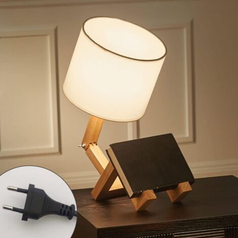 Kreative Roboter-Schreibtischlampe, verstellbar, kann Bücher ablegen, Nachttischlampe aus Holz mit Lampenschirm aus Stoff, E27-Schraube, für dekorative Beleuchtung [Energieklasse A]