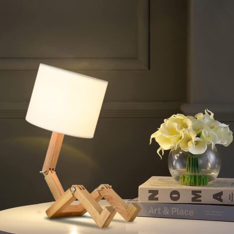 Kreative Roboter-Schreibtischlampe, verstellbar, kann Bücher ablegen, Nachttischlampe aus Holz mit Lampenschirm aus Stoff, E27-Schraube, für dekorative Beleuchtung [Energieklasse A]