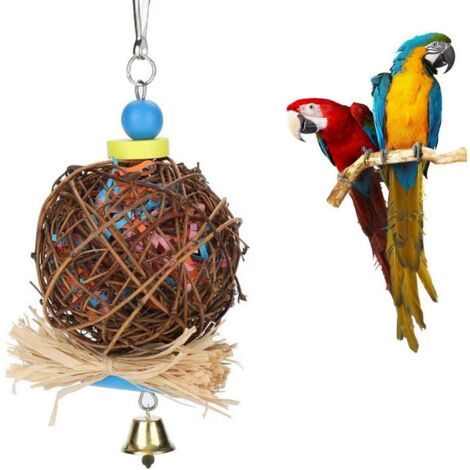 Vogel-Papageien-Spielzeug, Vogel-Kauspielzeug, natürlicher Rattan-Ball mit Papierstreifen und Metallglocke, Vogel-Papageien-Spielzeug, Schaukel für Vögel, Sittiche, Sitzpapageien